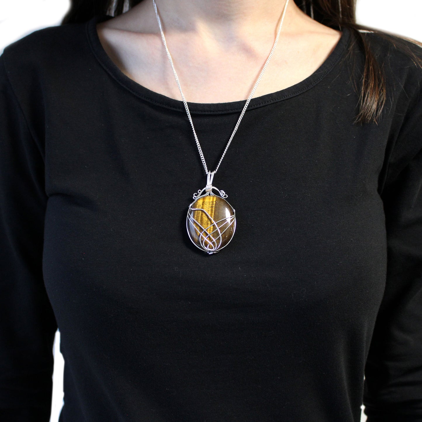 Gemstone Necklace - Swirl Wrapped  (Tiger Eye)