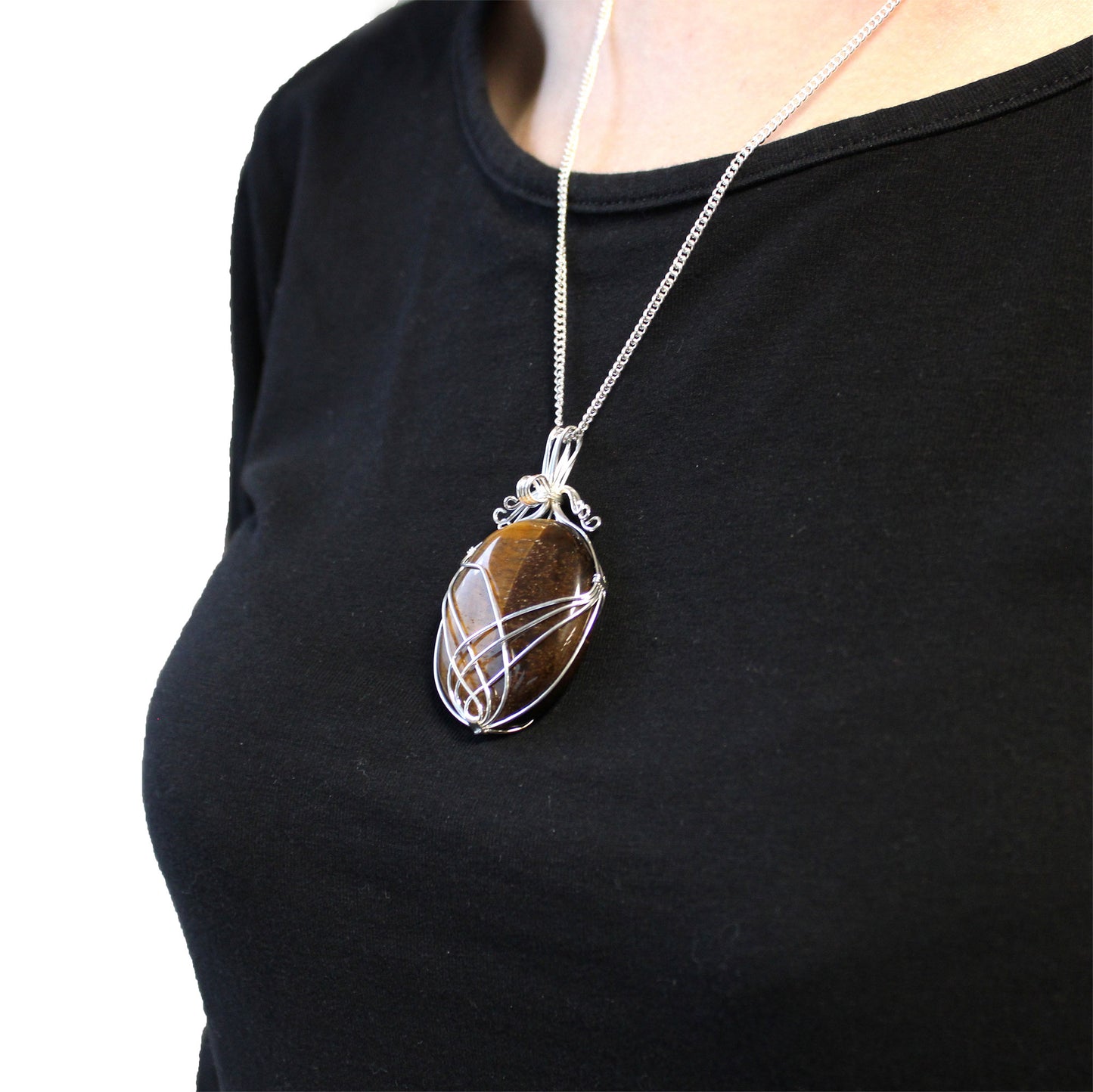 Gemstone Necklace - Swirl Wrapped  (Tiger Eye)