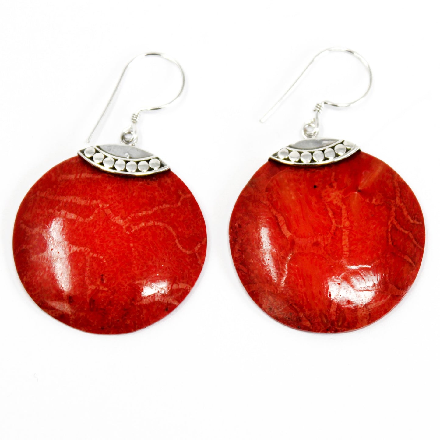 Red Coral Imitation Silver Earrings - Classic Disc