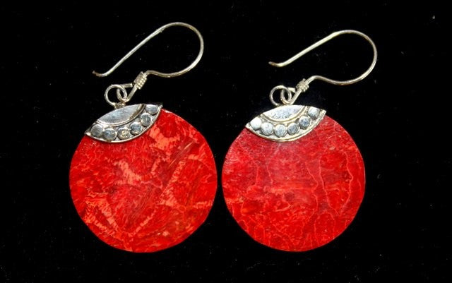 Red Coral Imitation Silver Earrings - Classic Disc