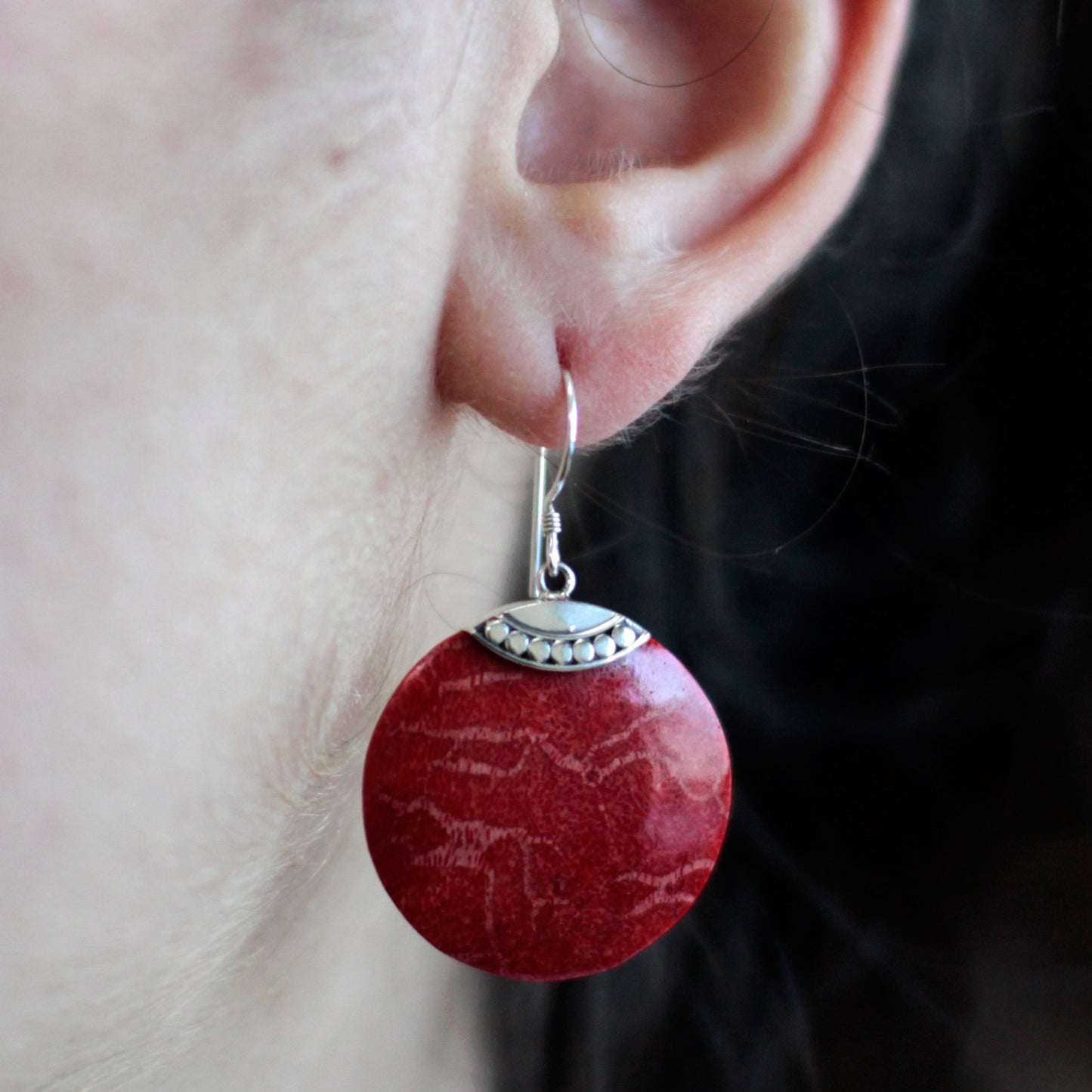 Red Coral Imitation Silver Earrings - Classic Disc