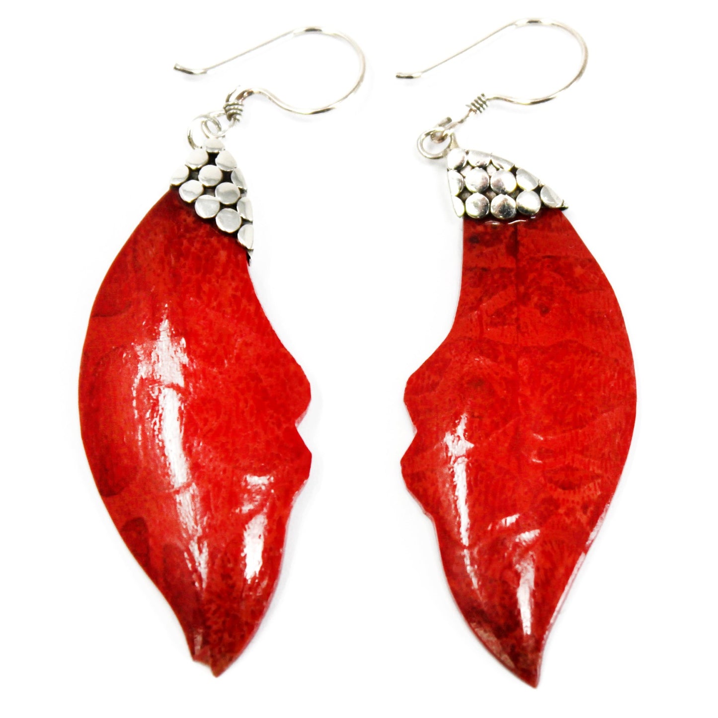 Red Coral Imitation Silver Earrings - Leaf Drop