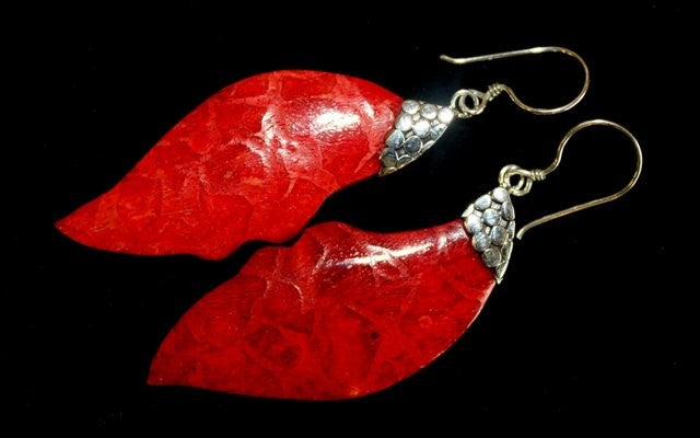 Red Coral Imitation Silver Earrings - Leaf Drop