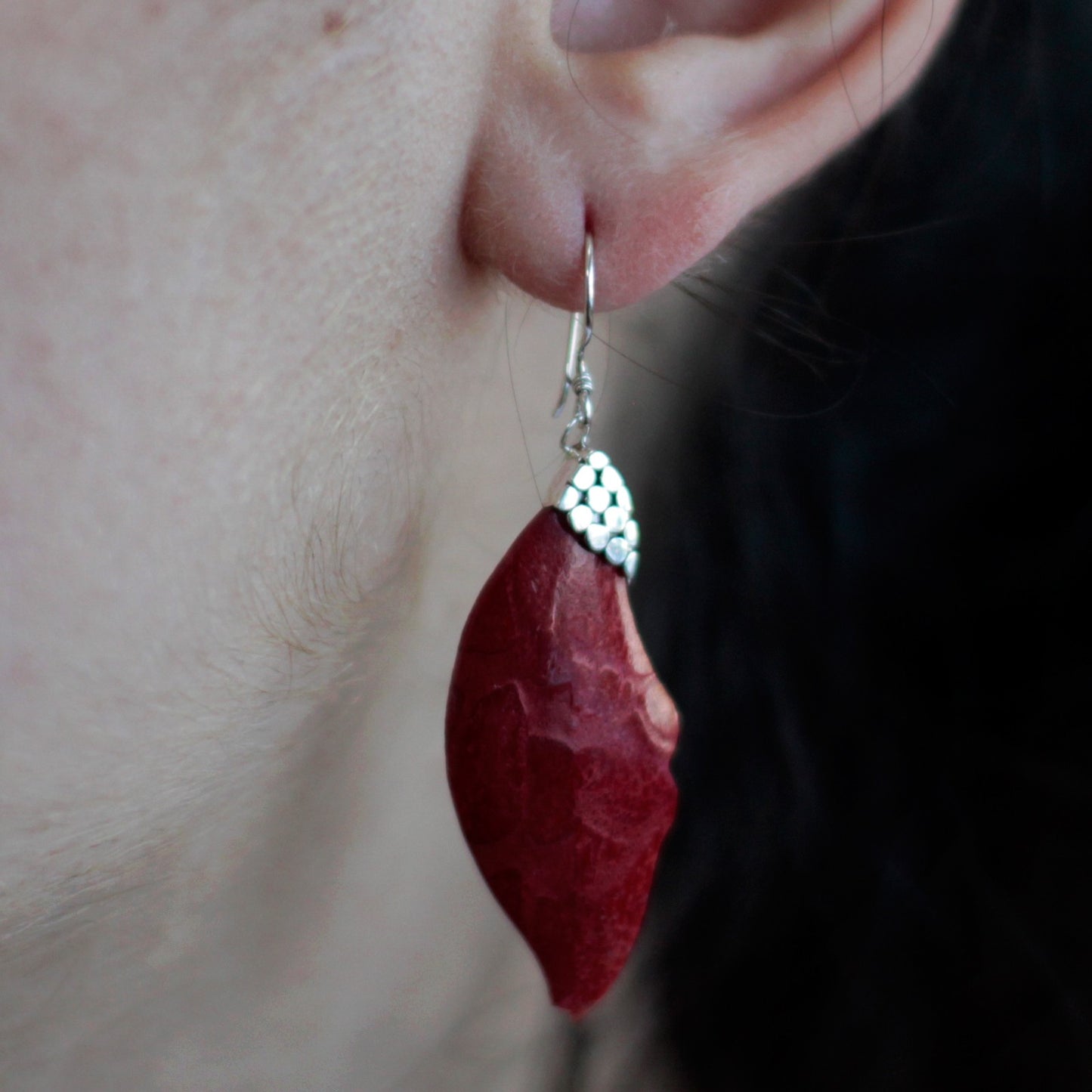 Red Coral Imitation Silver Earrings - Leaf Drop