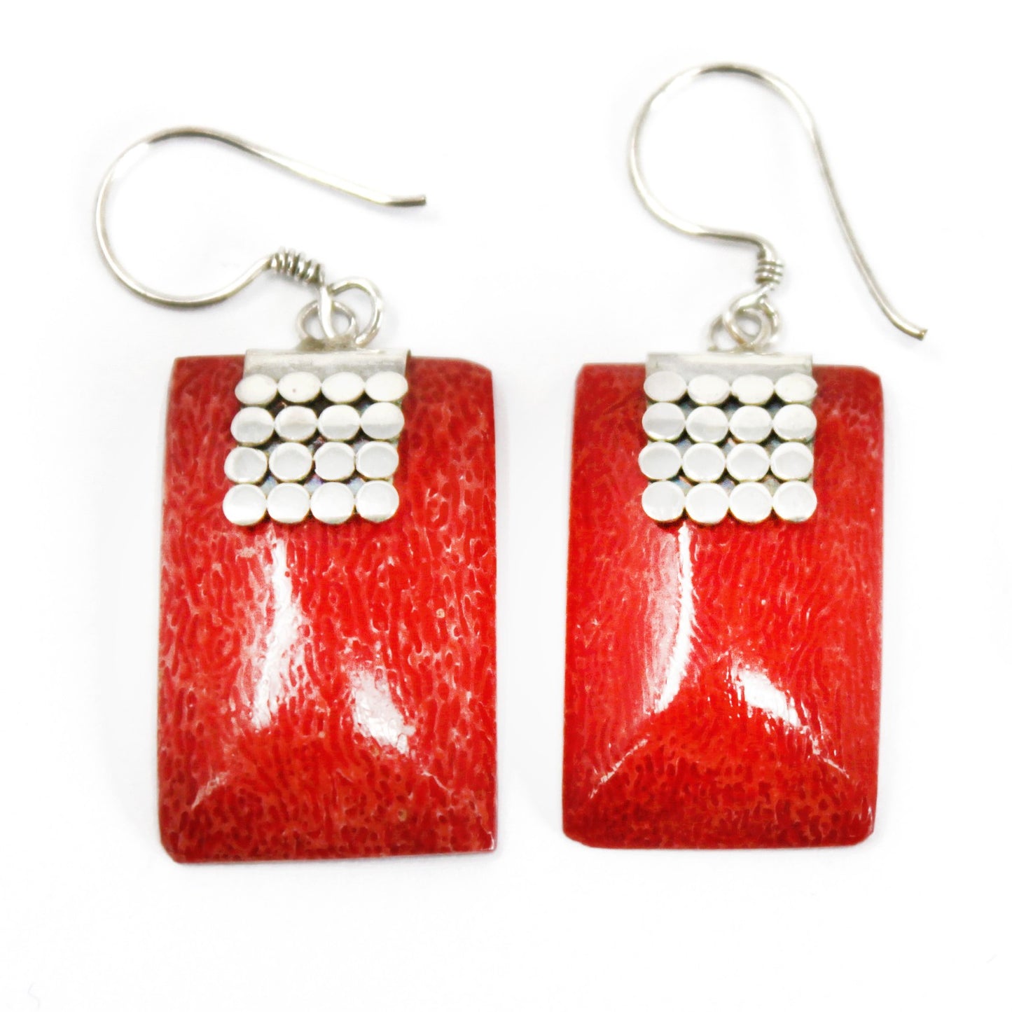 Red Coral Imitation Silver Earrings - Square