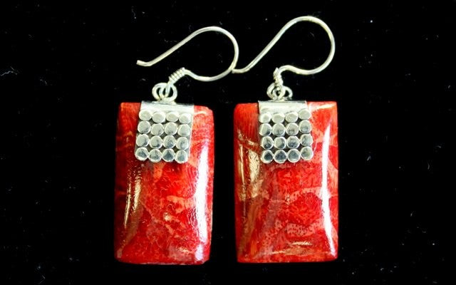 Red Coral Imitation Silver Earrings - Square