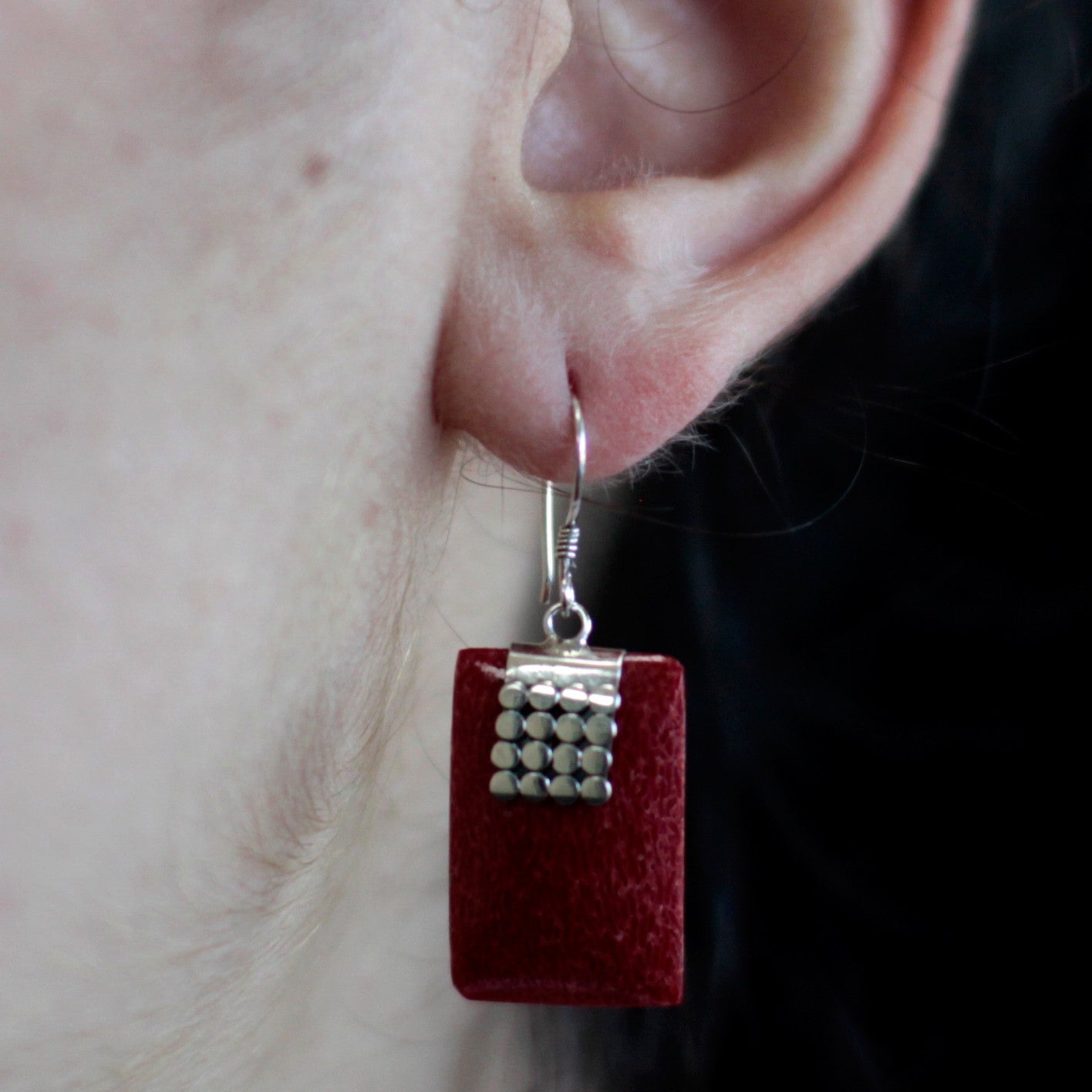 Red Coral Imitation Silver Earrings - Square