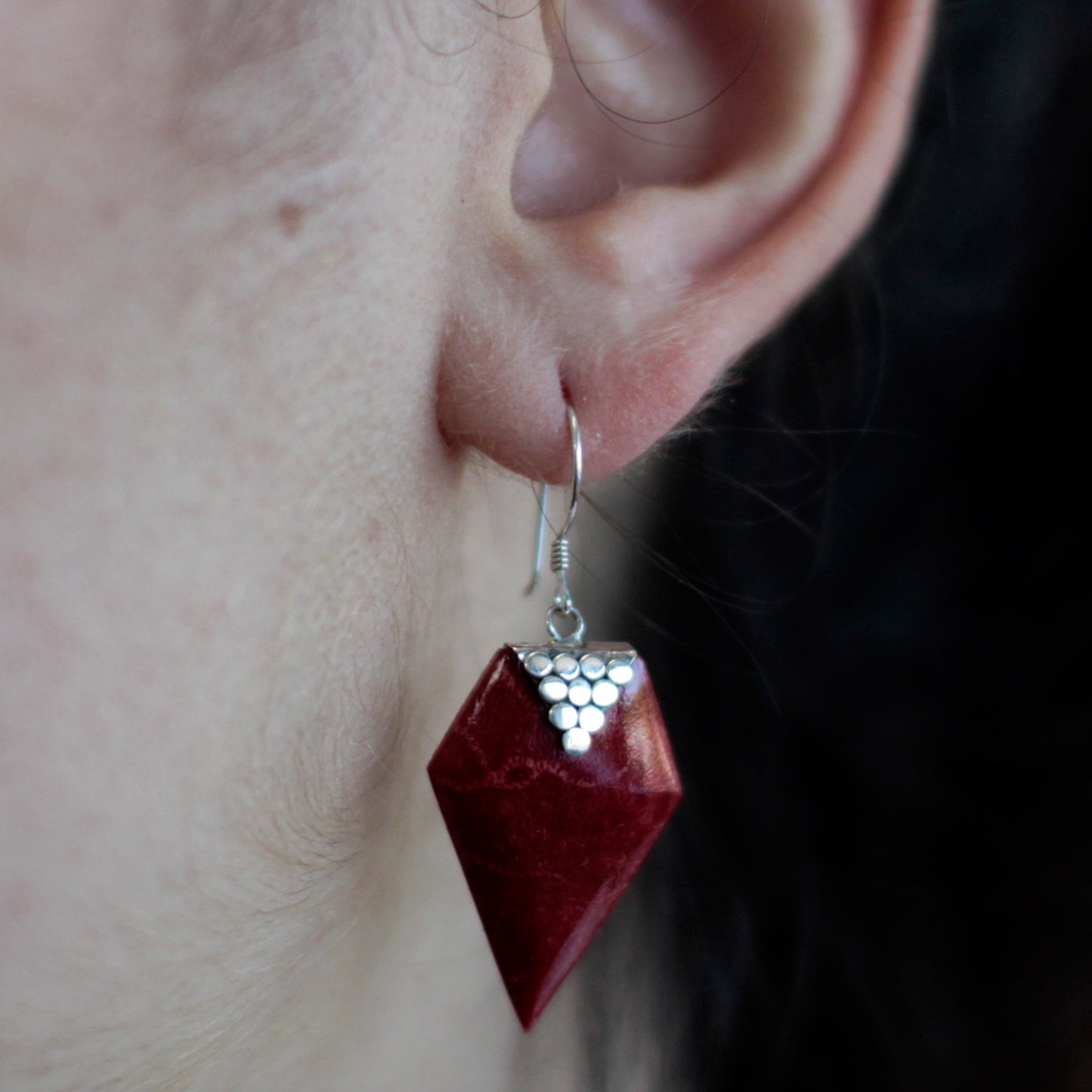 Red Coral Imitation Silver Earrings - Grapes