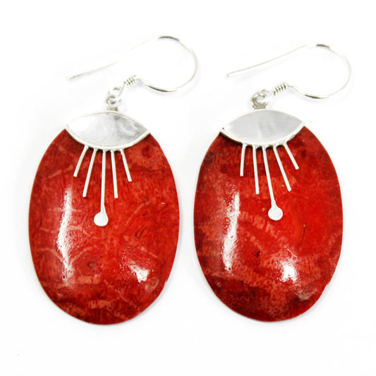 Red Coral Imitation Silver Earrings - Oval