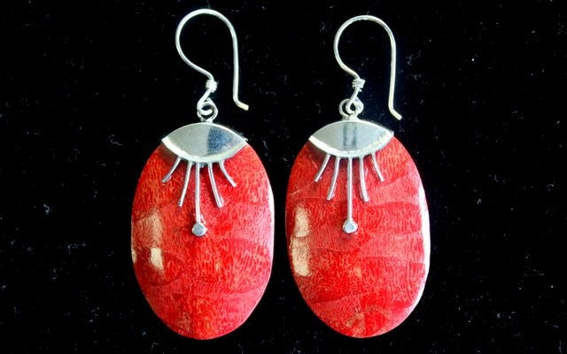 Red Coral Imitation Silver Earrings - Oval