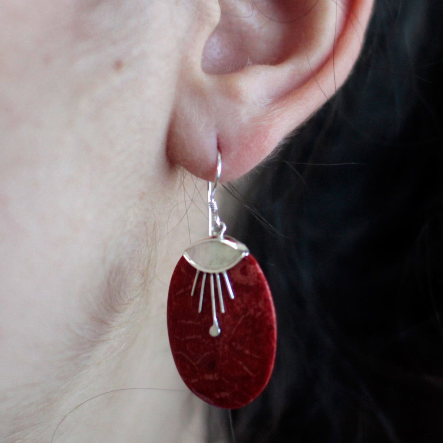 Red Coral Imitation Silver Earrings - Oval