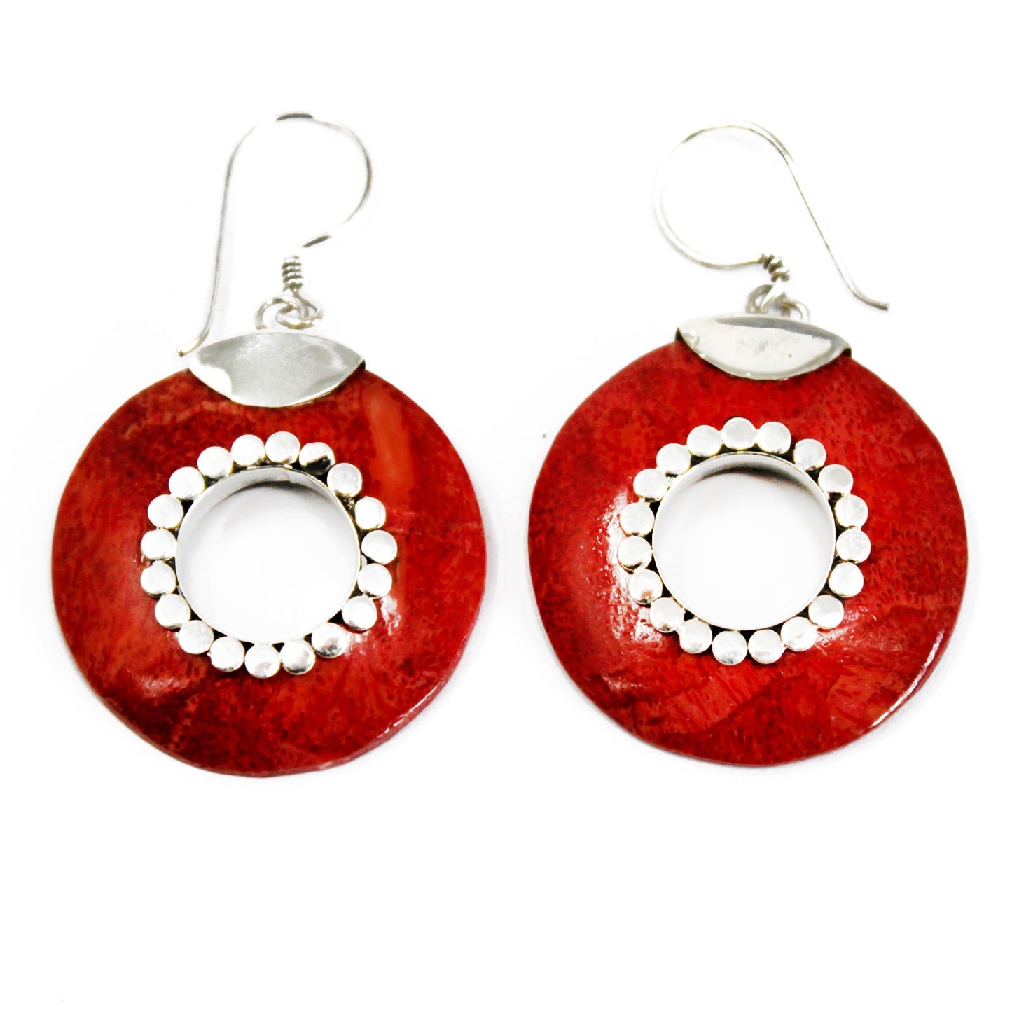 Red Coral Imitation Silver Earrings - Do-nuts