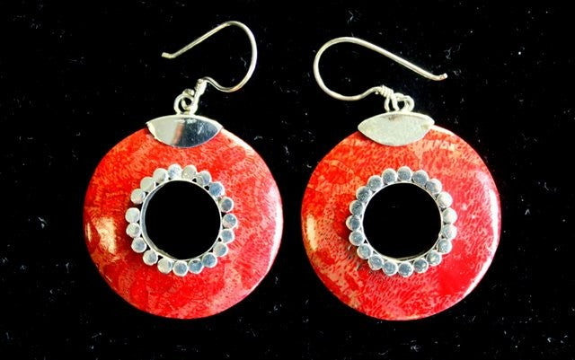 Red Coral Imitation Silver Earrings - Do-nuts