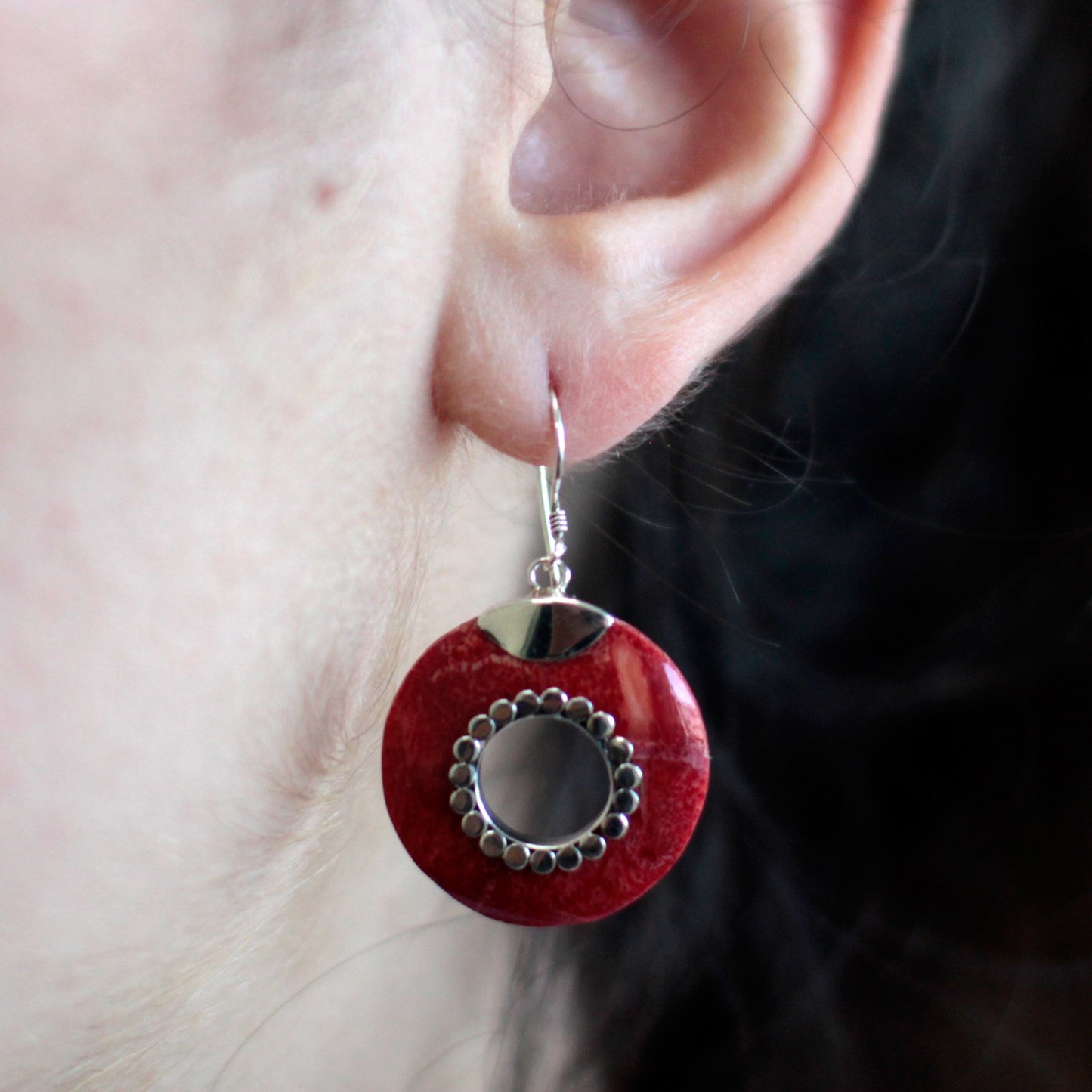 Red Coral Imitation Silver Earrings - Do-nuts