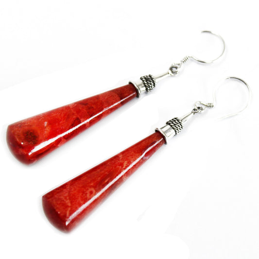 Red Coral Imitation Silver Earrings - Long Teardrop