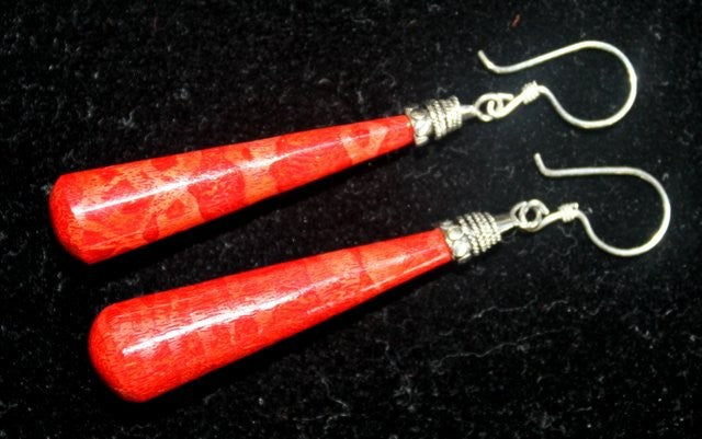 Red Coral Imitation Silver Earrings - Long Teardrop