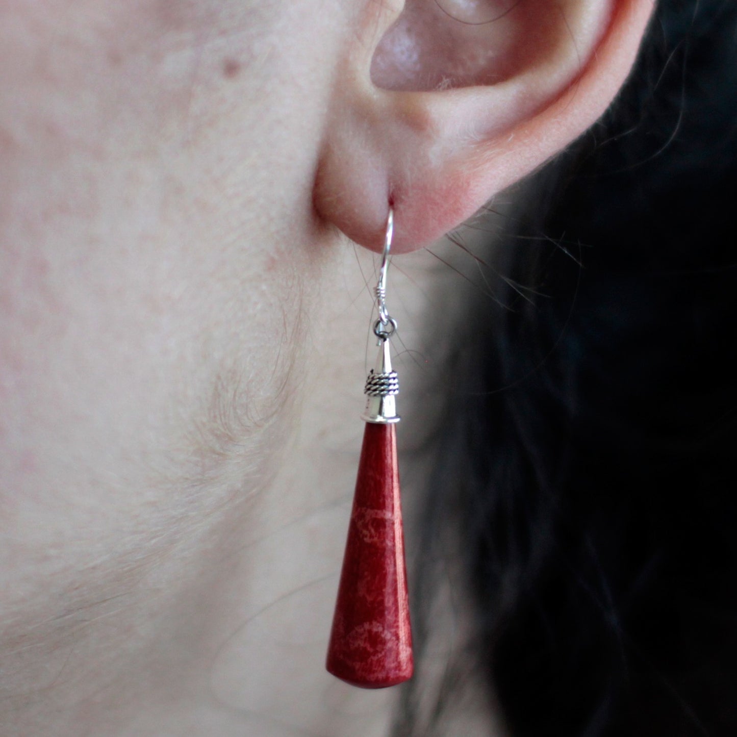 Red Coral Imitation Silver Earrings - Long Teardrop