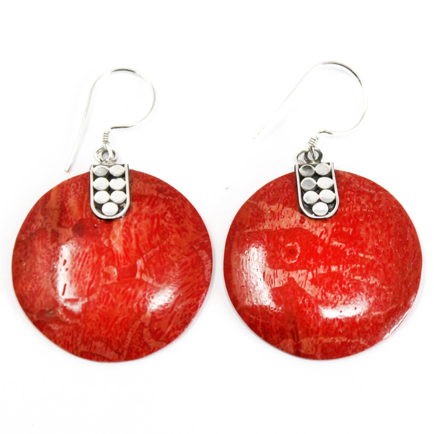 Red Coral Imitation Silver Earrings - Disc Décor