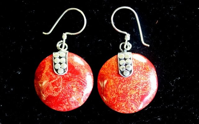 Red Coral Imitation Silver Earrings - Disc Décor