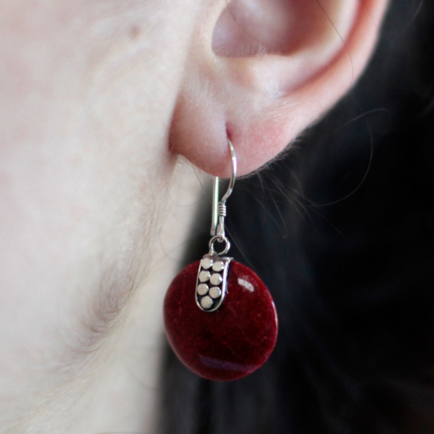 Red Coral Imitation Silver Earrings - Disc Décor