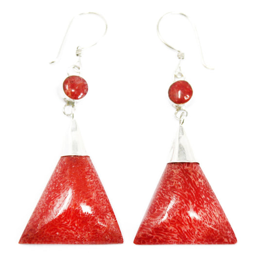 Red Coral Imitation Silver Earrings - Triangle