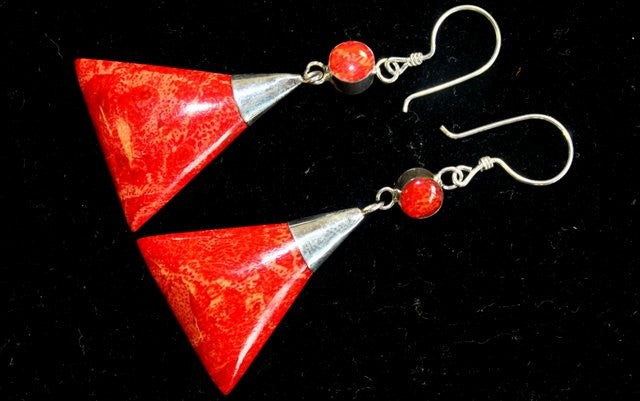 Red Coral Imitation Silver Earrings - Triangle