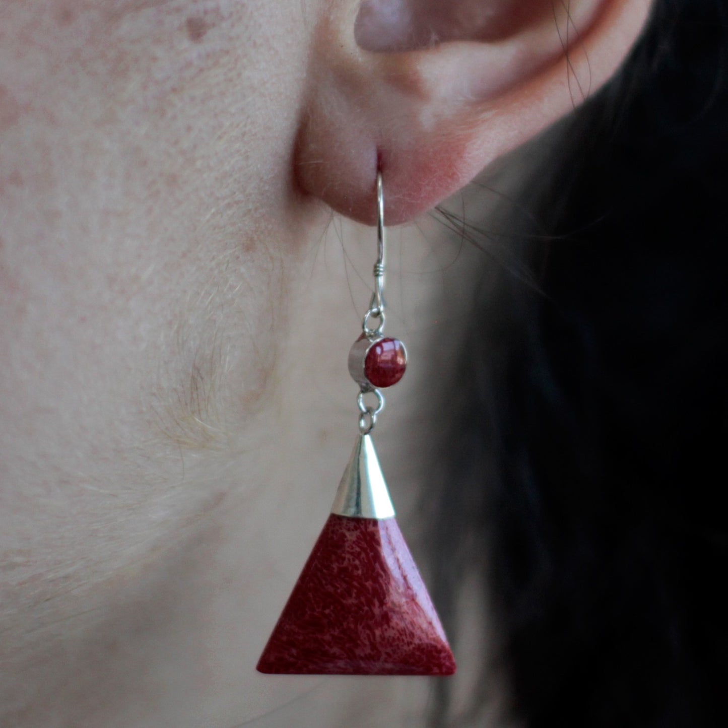 Red Coral Imitation Silver Earrings - Triangle