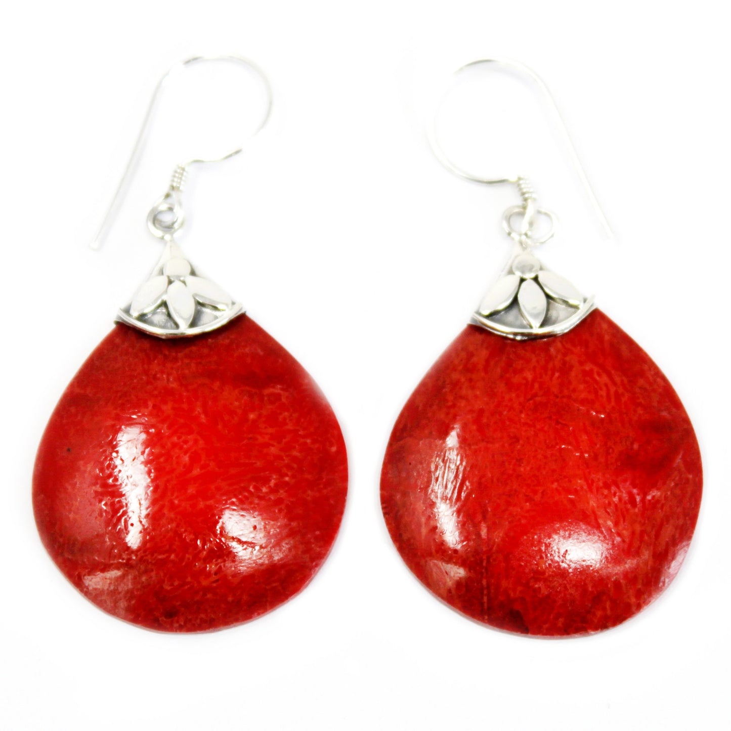 Red Coral Imitation Silver Earrings - Ball Drops