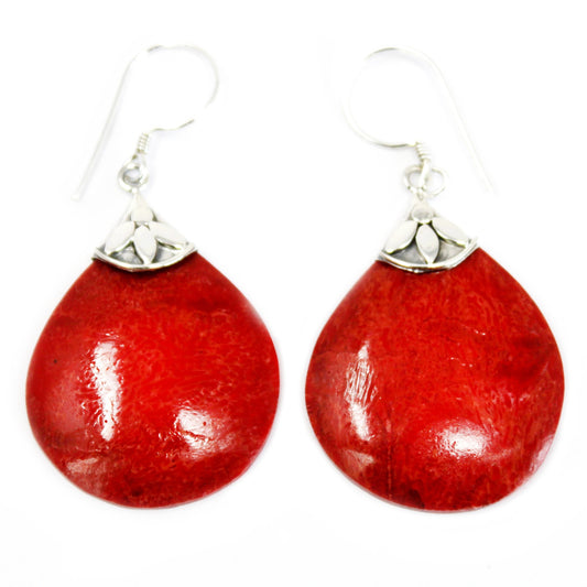 Red Coral Imitation Silver Earrings - Ball Drops