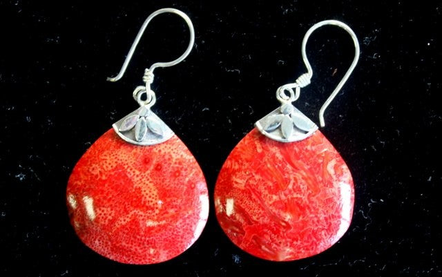 Red Coral Imitation Silver Earrings - Ball Drops