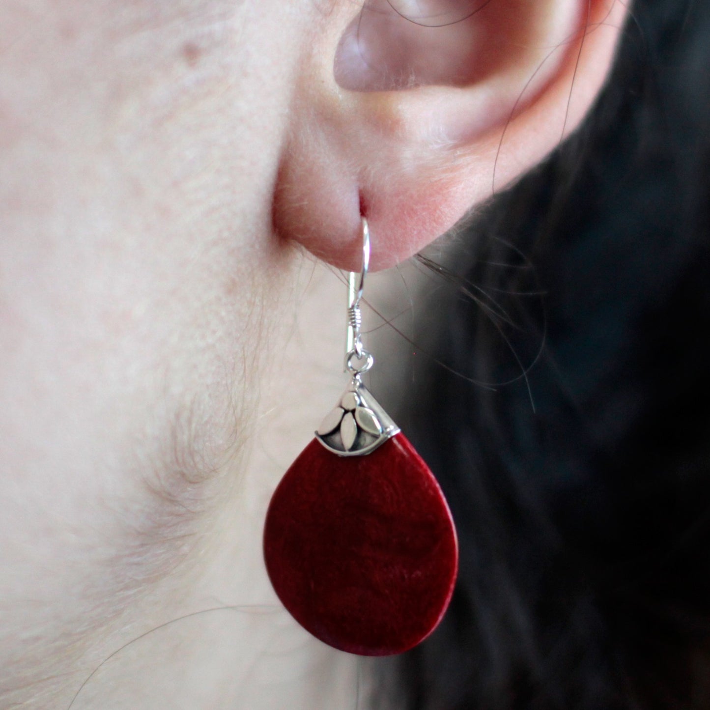 Red Coral Imitation Silver Earrings - Ball Drops