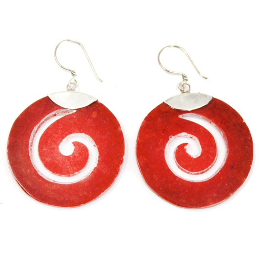 Red Coral Imitation Silver Earrings - Scroll Design