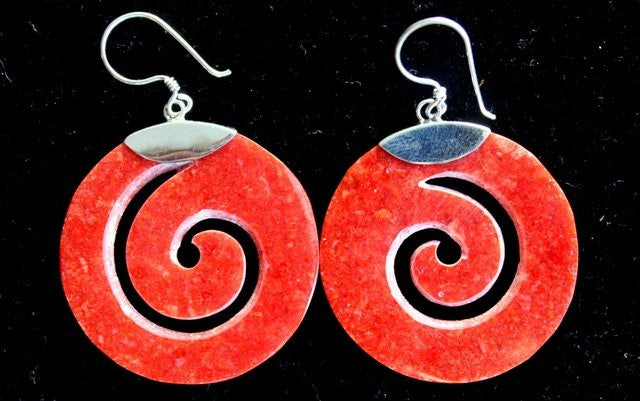 Red Coral Imitation Silver Earrings - Scroll Design