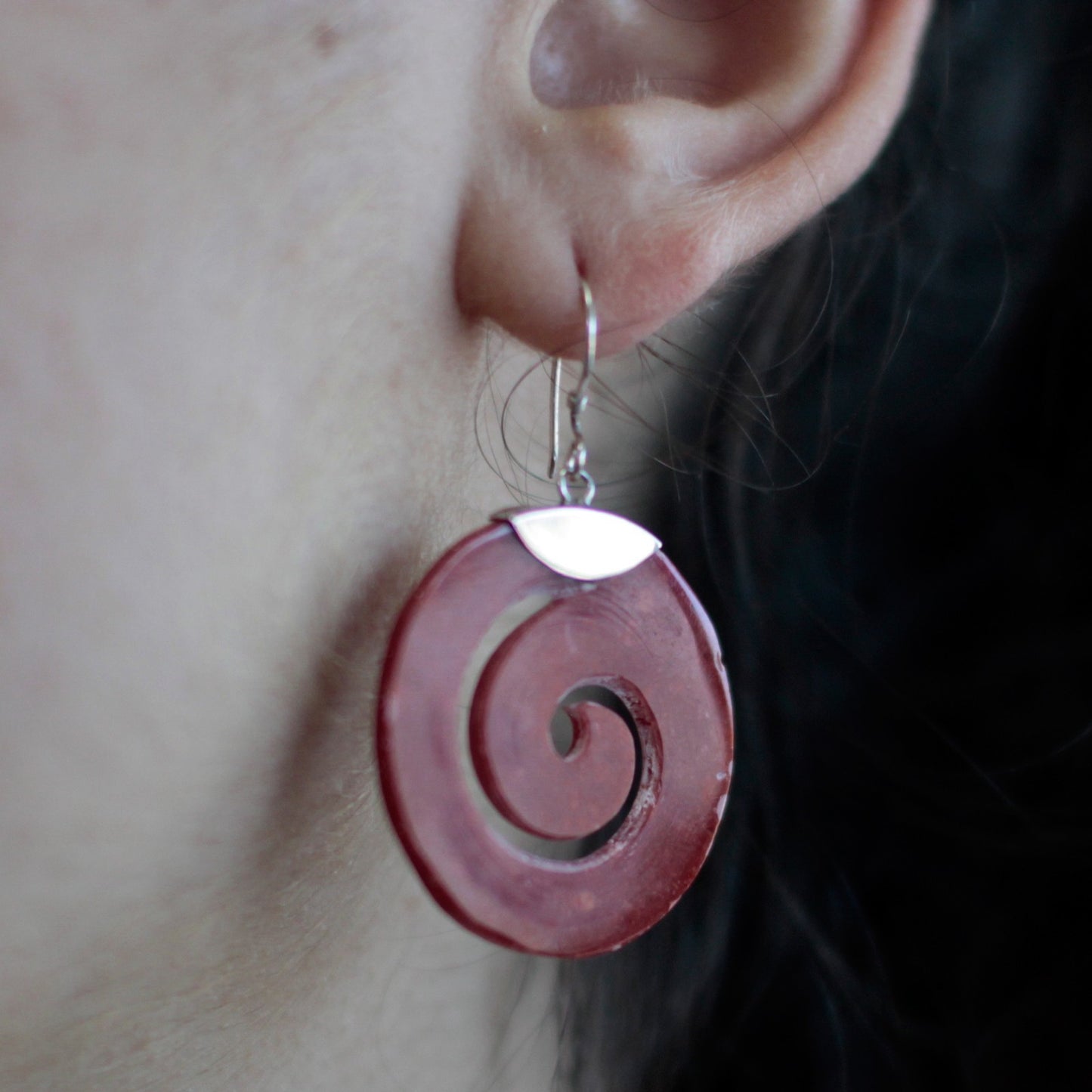 Red Coral Imitation Silver Earrings - Scroll Design