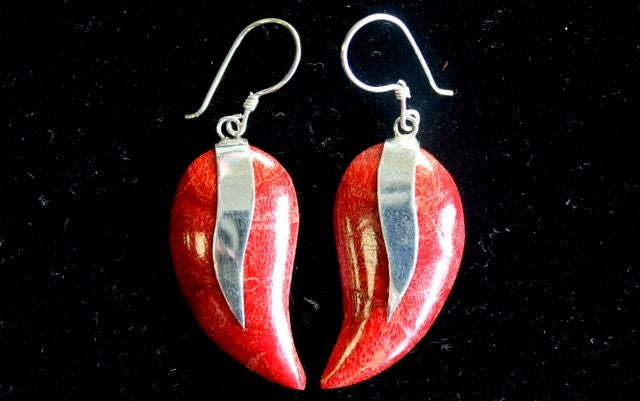 Red Coral Imitation Silver Earrings - Mangos