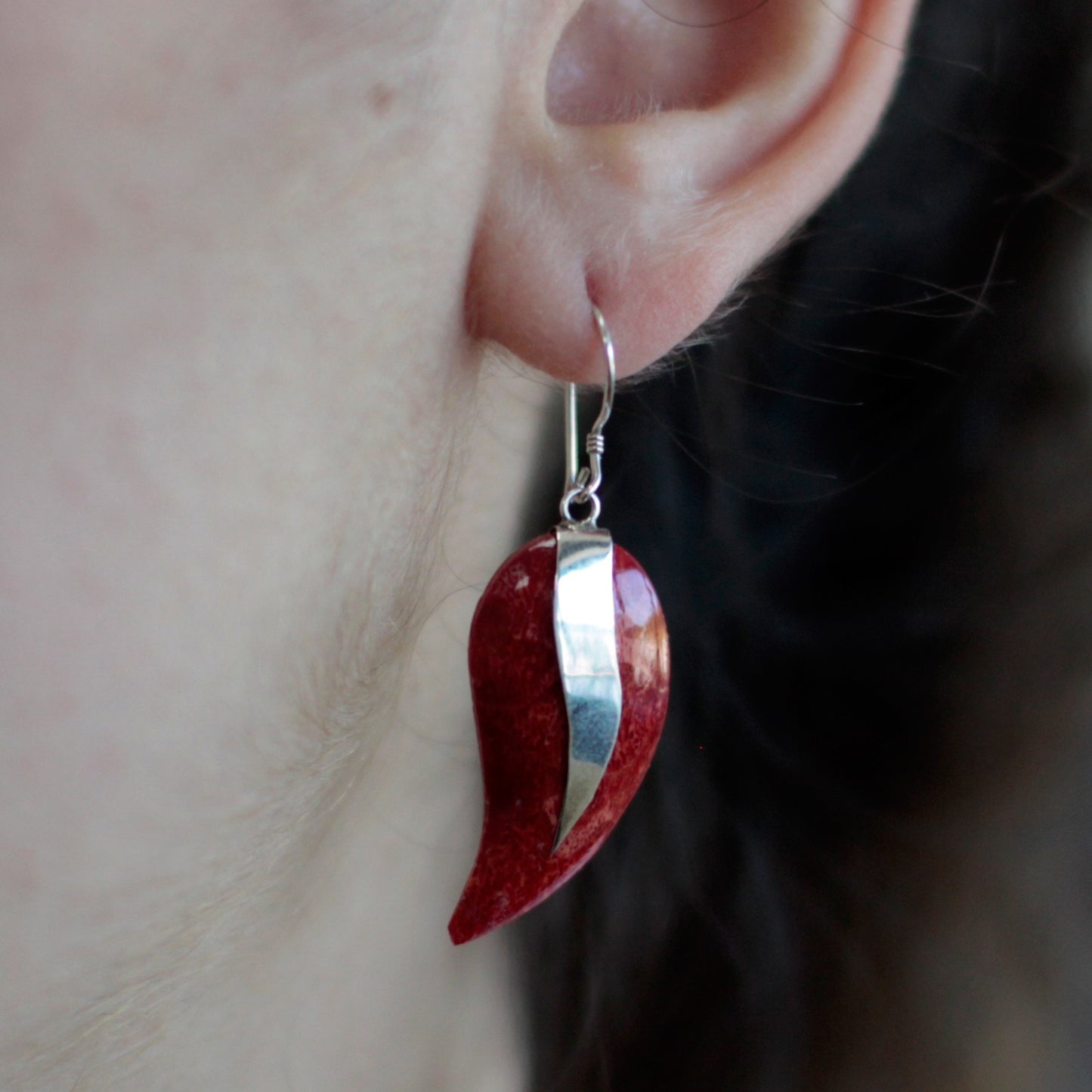 Red Coral Imitation Silver Earrings - Mangos