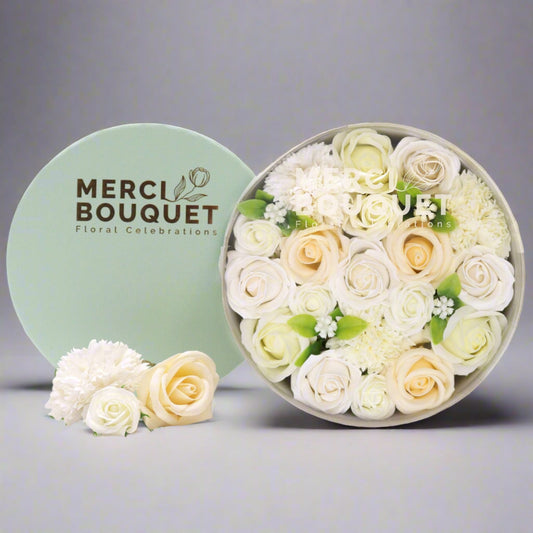 Soap Flowers In a Round Box - Wedding Blessings - White & Ivory